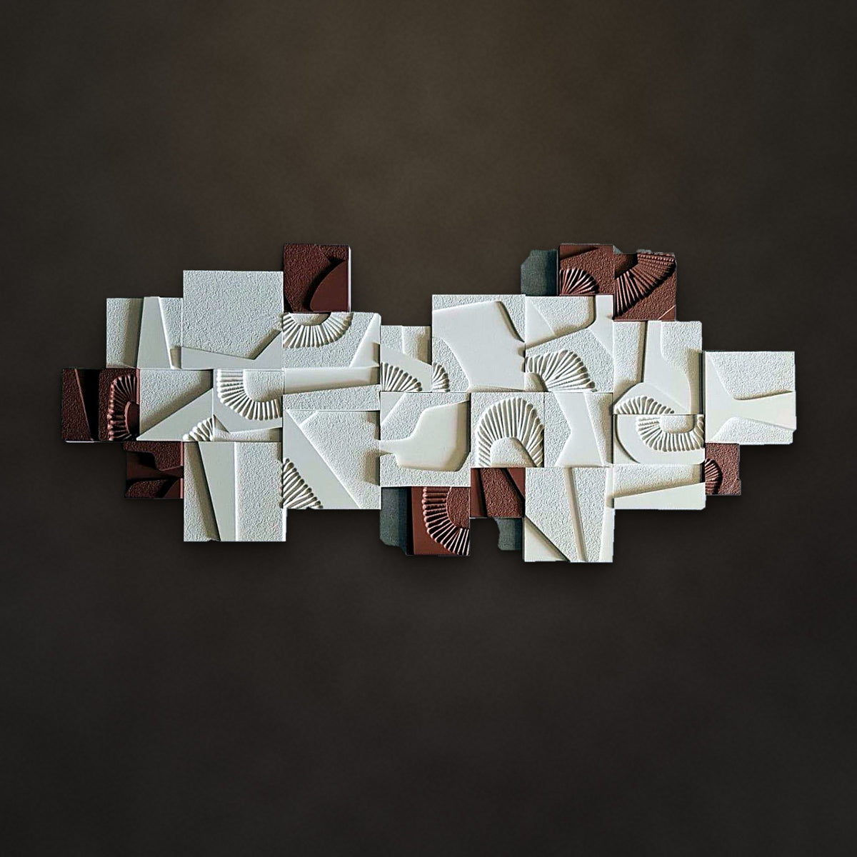 Fresco modular relief installation on a charcoal wall
