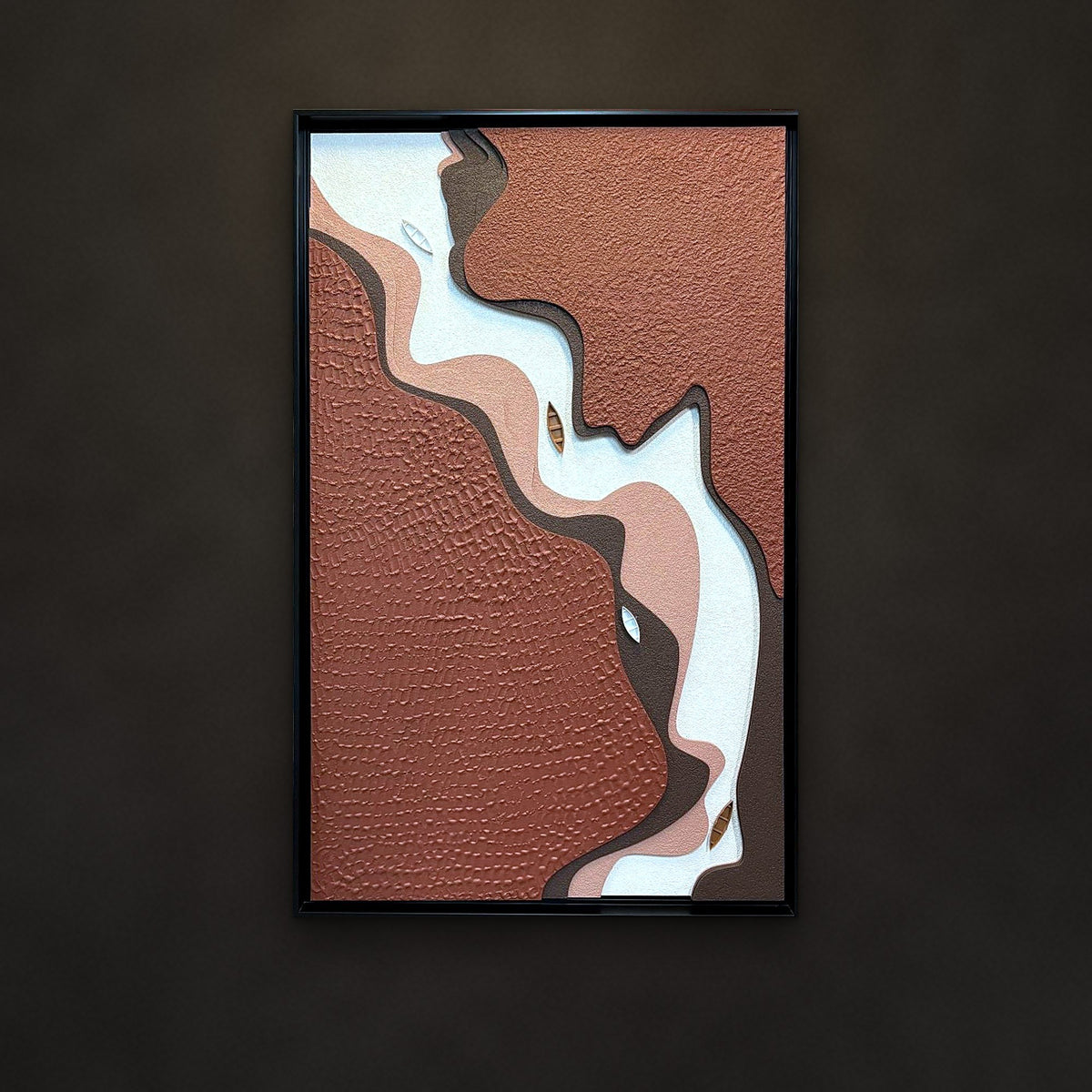 Riverbend terracotta river relief panel on a charcoal wall