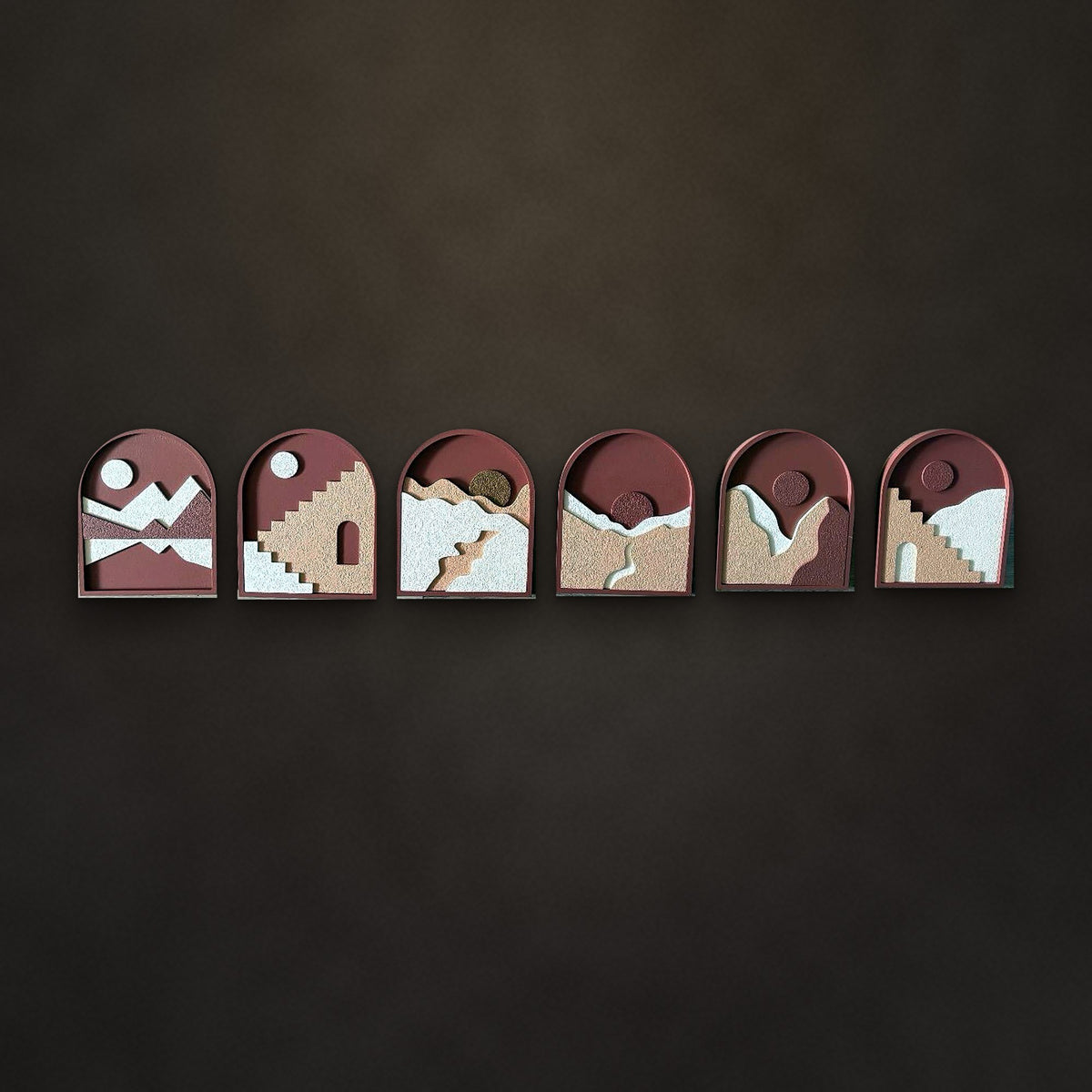 Sienna Arches set of six terracotta arch trays on a charcoal wall