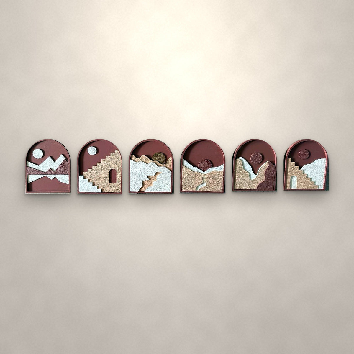 Sienna Arches set of six terracotta arch trays on an ivory wall
